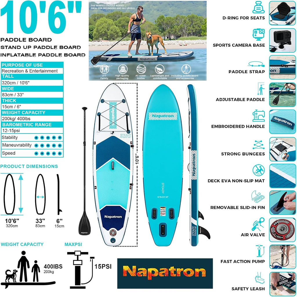 Napatron Inflatable Paddle Board, 10'6' Ultra Lightweight SUP with Adjustable Paddle, Anti-Slip Deck,Coiled Leash & Carry Bag,Stable All-Around Stand Up Paddle Board for Adults