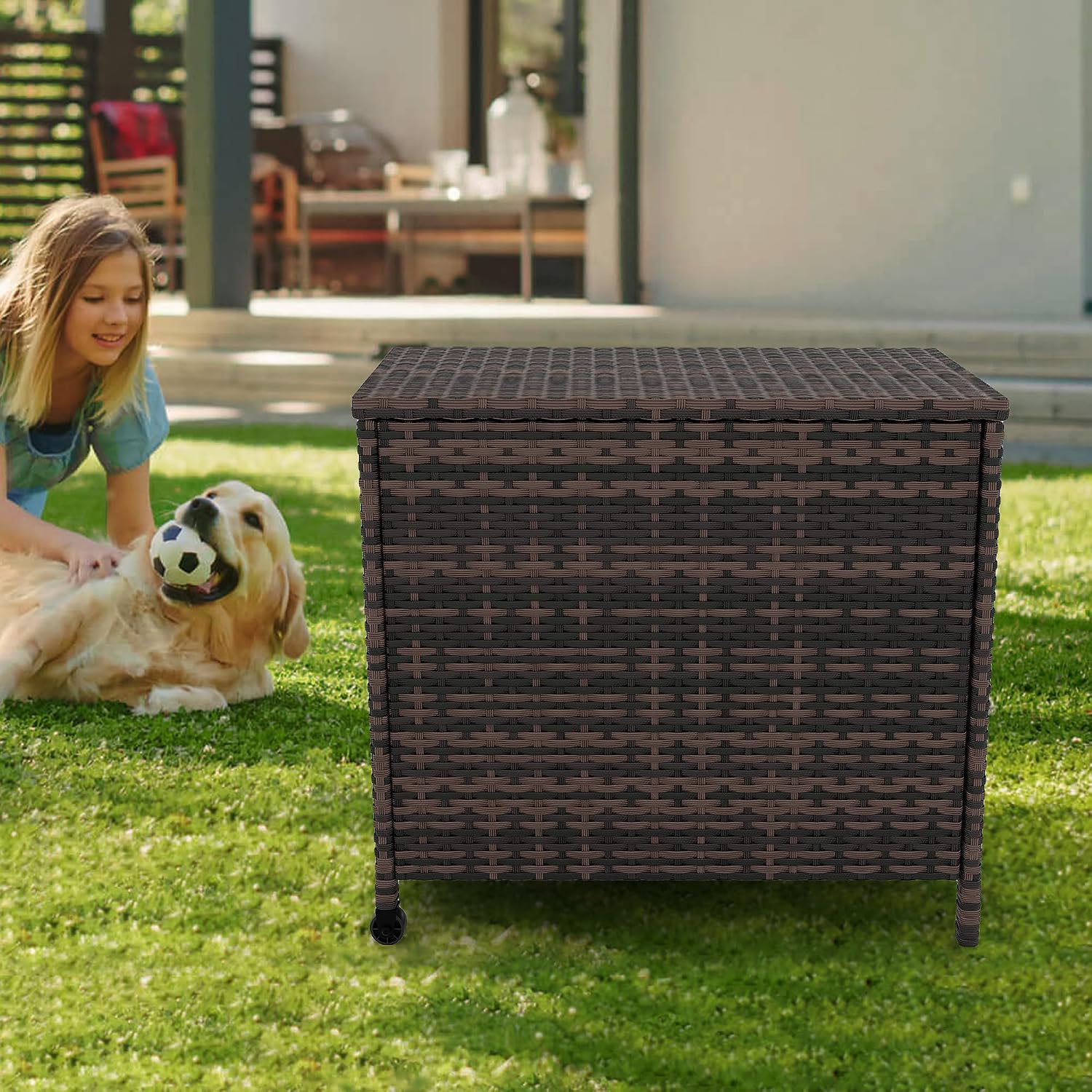 Large Deck Box Waterproof PE Rattan Outdoor Storage Box with Handles and Wheels, Storage Bin for Garden, Balcony, Porch, Pool, Yard (Brown, 80 US Gallon)