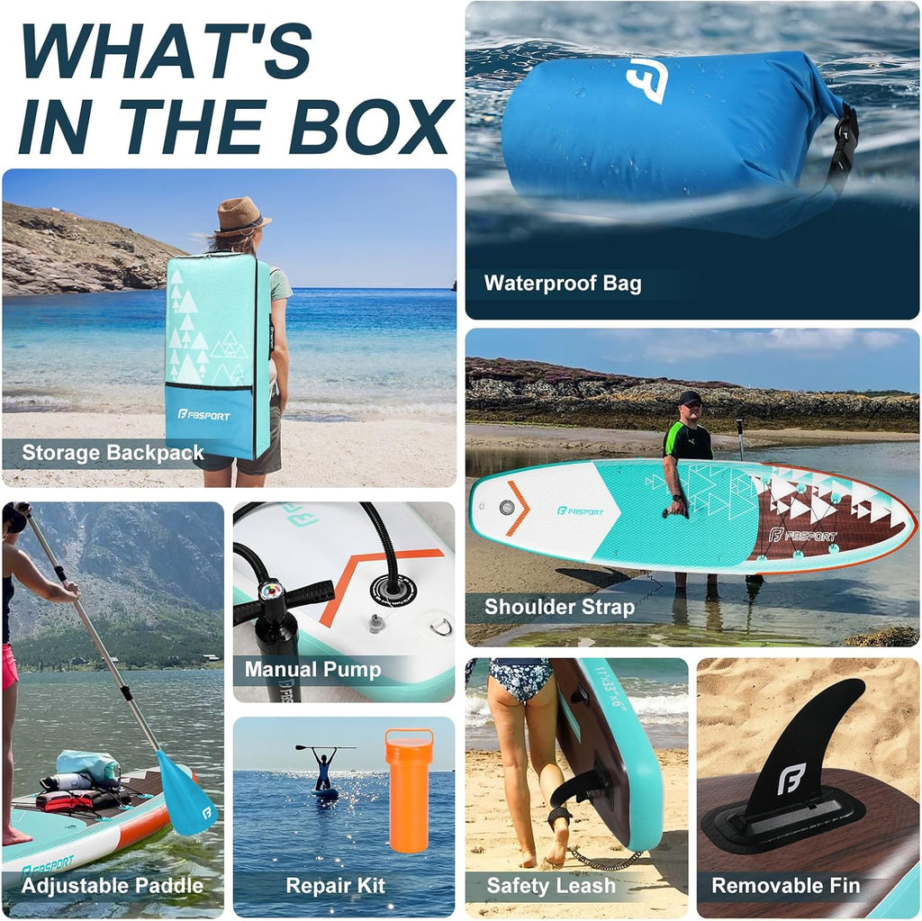 FBSPORT 11' Premium Stand Up Paddle Board, Yoga Board with SUP Accessories & Carry Bag | Wide Stance, Surf Control, Non-Slip Deck, Leash, Paddle and Pump for Youth & Adult