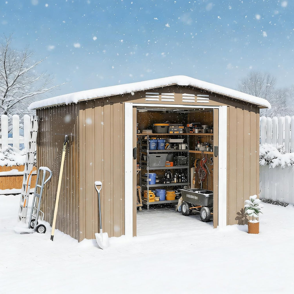 Gotland 8FT x 6FT Sheds & Outdoor Storage, Metal Shed with Sloped Steps Waterproof Sloped Roof, Storage Shed with 2 Lockable Slide Doors, Outdoor Shed for Backyard Patio Lawn Brown