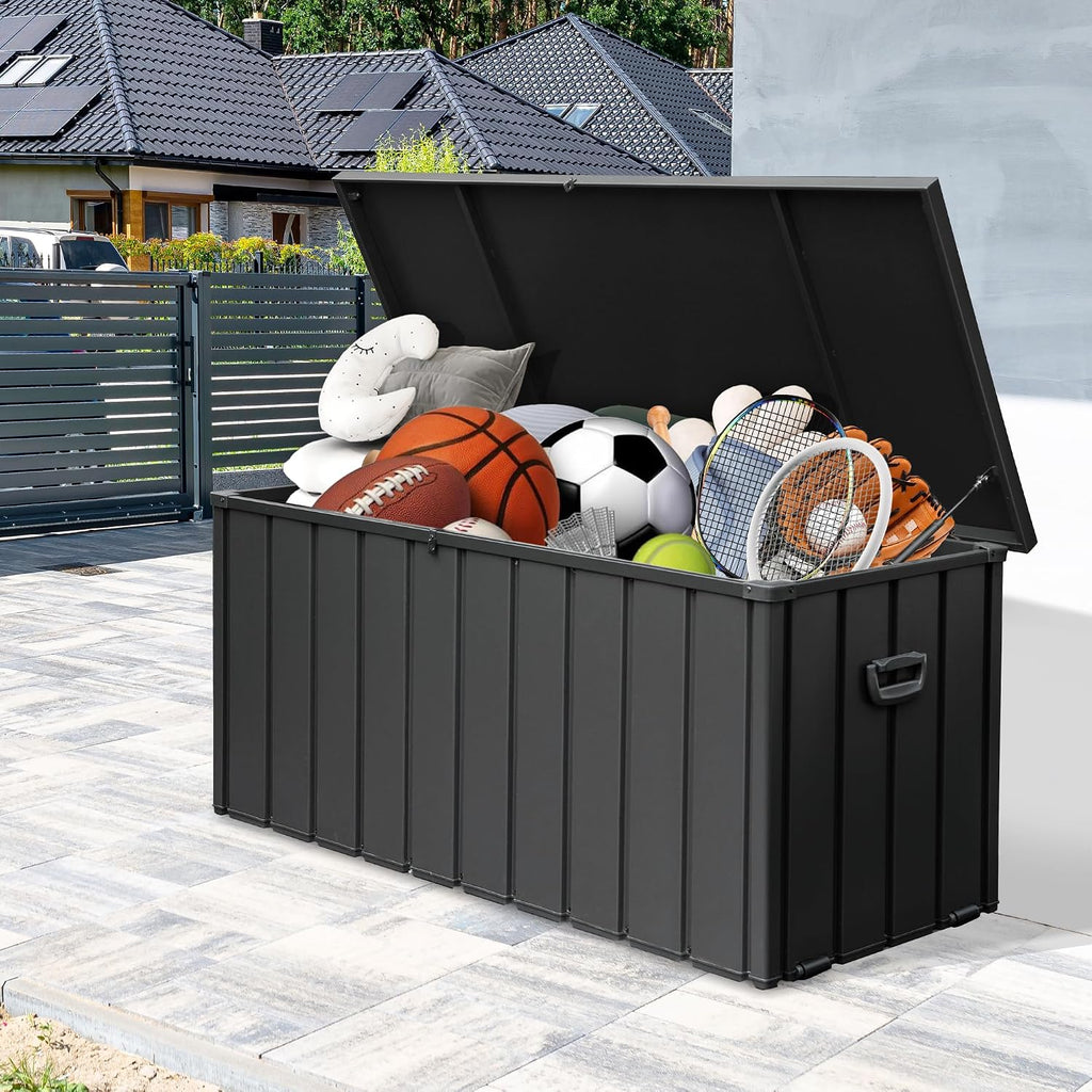 Outdoor Storage Box 100 Gallon, Waterproof Steel Deck Box, Large Patio Furniture Storage Cabinet, Lockable Storage Bench for Porch Package Delivery, Cushions, Pool, Tools- Dark Grey