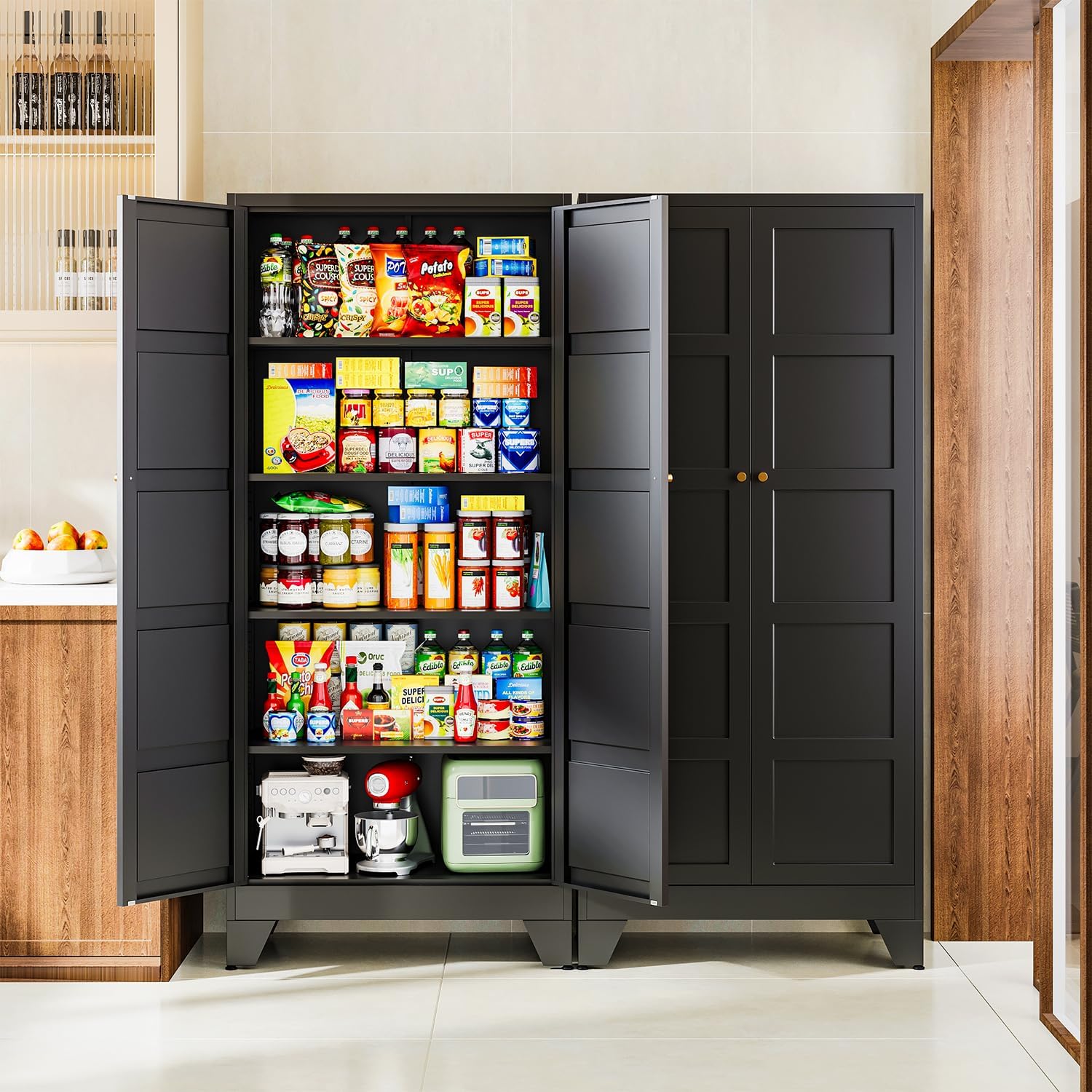 Letaya 71' H Metal Storage Cabinet with 2 Doors and 4 Shelves,Tall Kitchen Pantry Cabinets,Utility Pantry Organizers for Cupboard/Dining/Bathroom/Home Office/Garage (Black, 71' H x 16' D x 32' W)