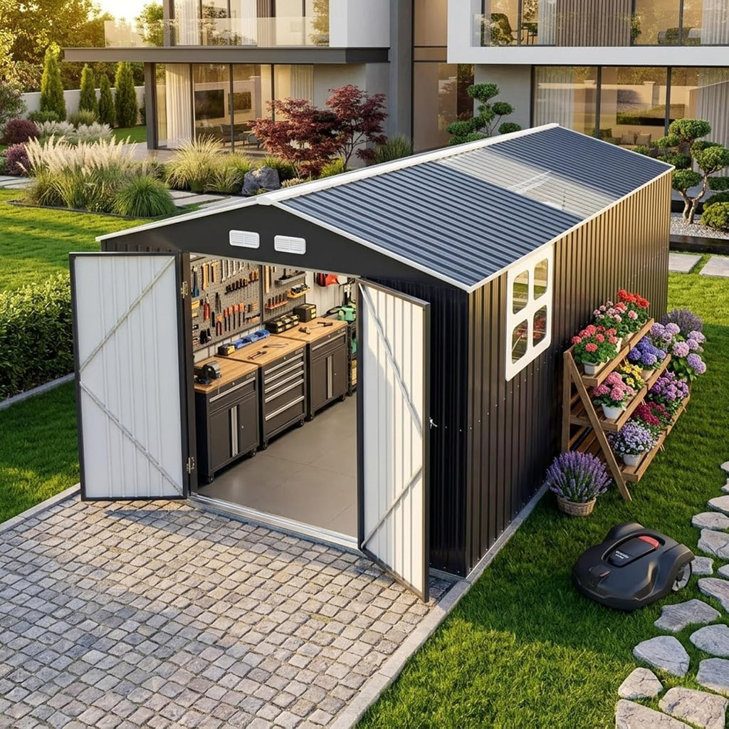 K Knowbody 10x16 FT Heavy Duty Metal Shed, 20-Gauge Reinforced Frame with Powder Coating, 50 PSF Snow Load & 120 MPH Wind Rated, Large Outdoor Storage Building with Skylight for Garden & Bike