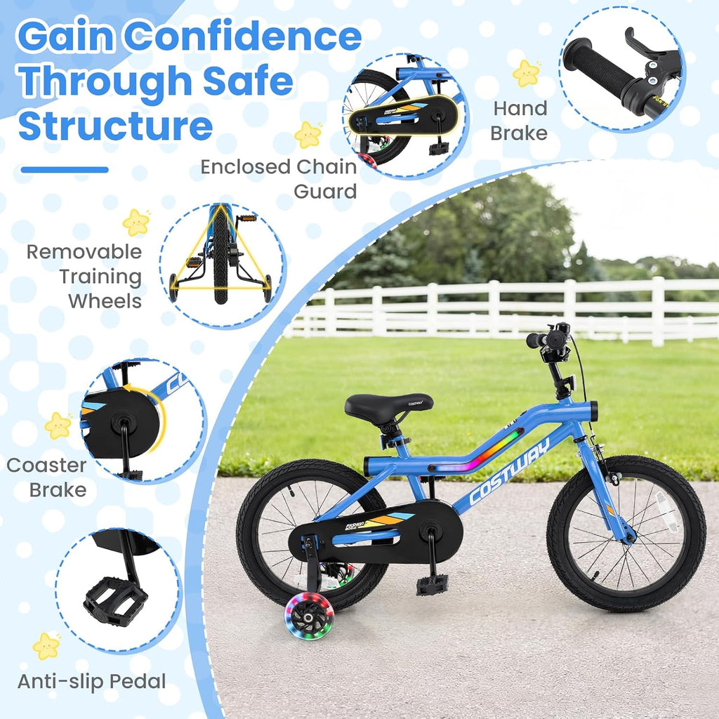 COSTWAY 16'/18' Lighted Kids Bike, Children Sport Bicycle with LED Light-up Frame, Adjustable Saddle, Training Wheels, Handbrake & Coaster Brake, Kids Riding Bike for 4-7/4-8 Years Old Boys & Girls