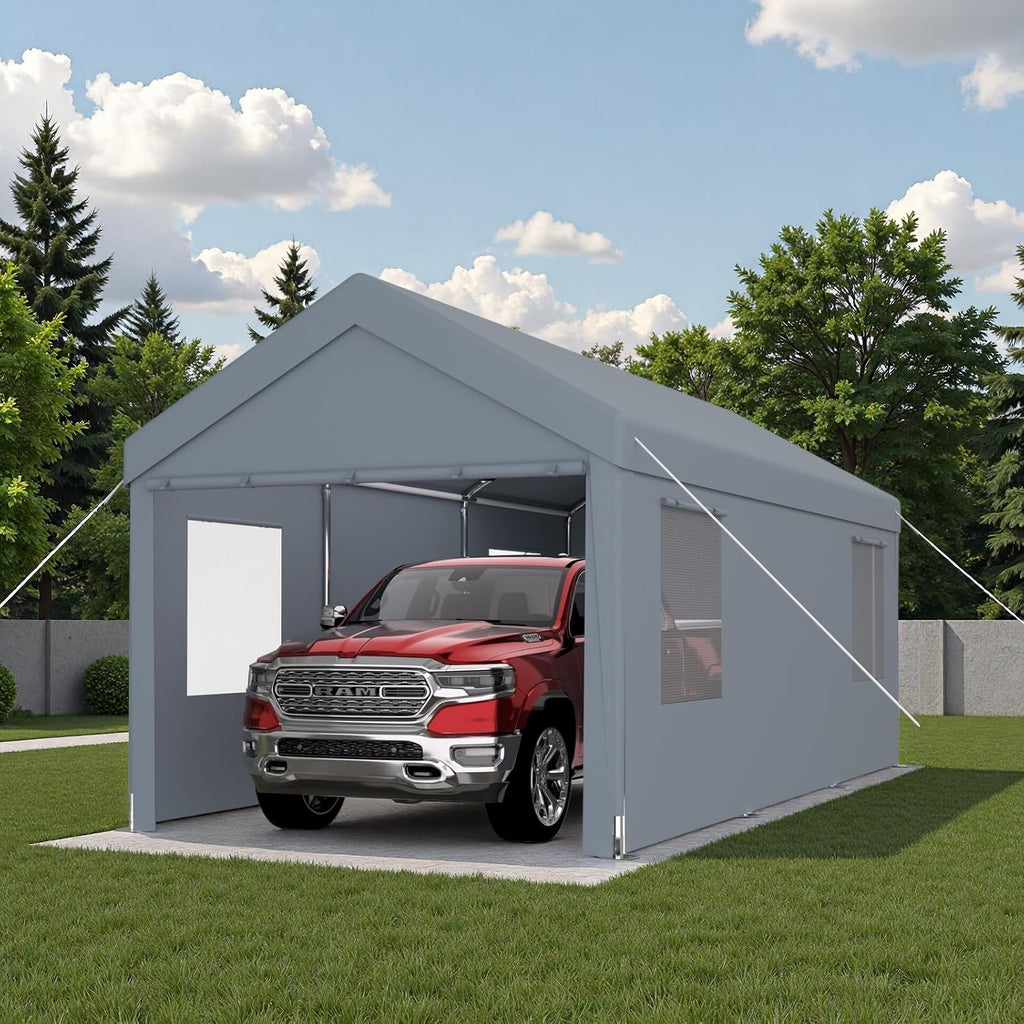 10x20FT Canopy, Outdoor Portable Garage with 2 Roll-Up Doors & 4 Ventilated Windows, Patio Camping Heavy Duty Car Port Canopy with PE Cover, Ground Pegs & Steel Cables, Easy Assembly, Grey