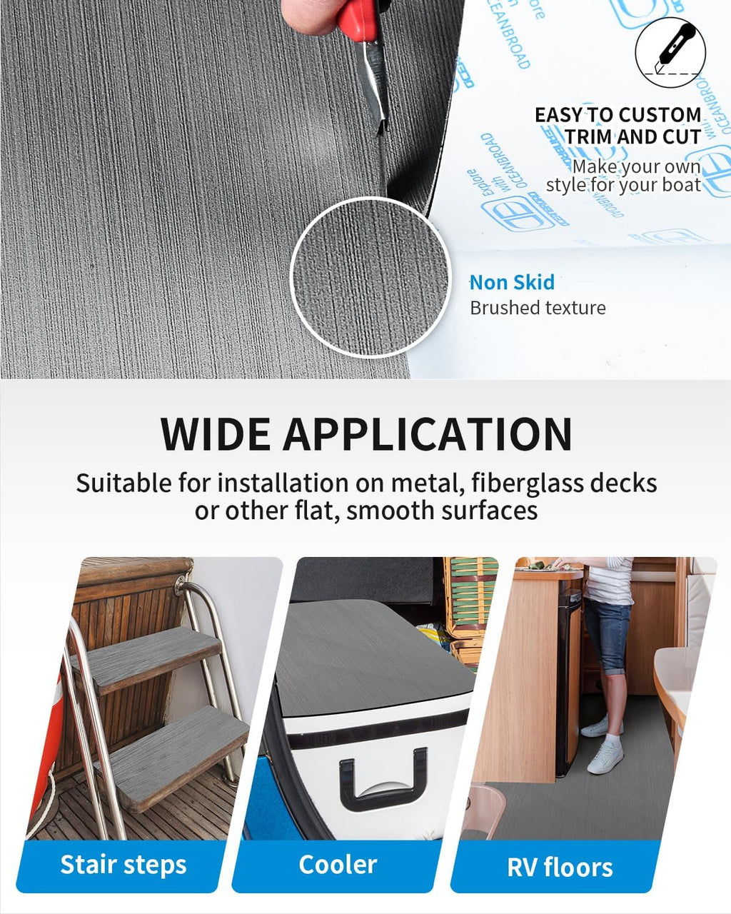 OCEANBROAD Brushed Boat Flooring 96''x16''/23.5''/38''/47'' Self-Adhesive EVA Foam Sheet Non-Slip Traction Pad for Boats Surfboard SUP Paddle Board Kayak Yacht, Camel Brown/Dark Gray/Gray/Camo