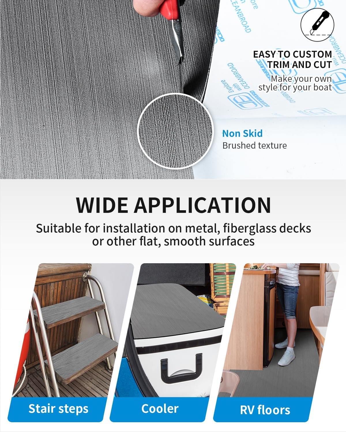 OCEANBROAD Brushed Boat Flooring 96''x16''/23.5''/38''/47'' Self-Adhesive EVA Foam Sheet Non-Slip Traction Pad for Boats Surfboard SUP Paddle Board Kayak Yacht, Camel Brown/Dark Gray/Gray/Camo