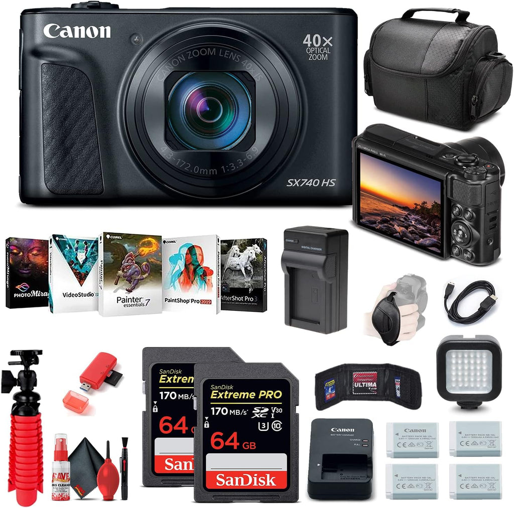 Canon PowerShot SX740 HS Digital Camera (Black) (2955C001), 2 x 64GB Memory Card, 3 x NB13L Battery, Corel Photo Software, Charger, Card Reader, LED Light, Soft Bag + More
