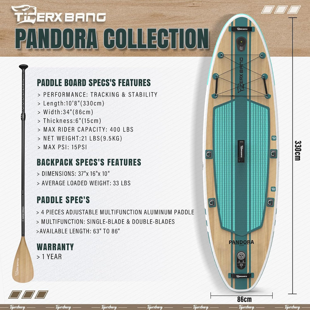 TIGERXBANG Paddle Board, 10.8' Stand Up Paddle Board with Premium Complete Inflatable SUP Accessories, Extra Wide Paddleboards for Adults & Kids-Pandora Collection