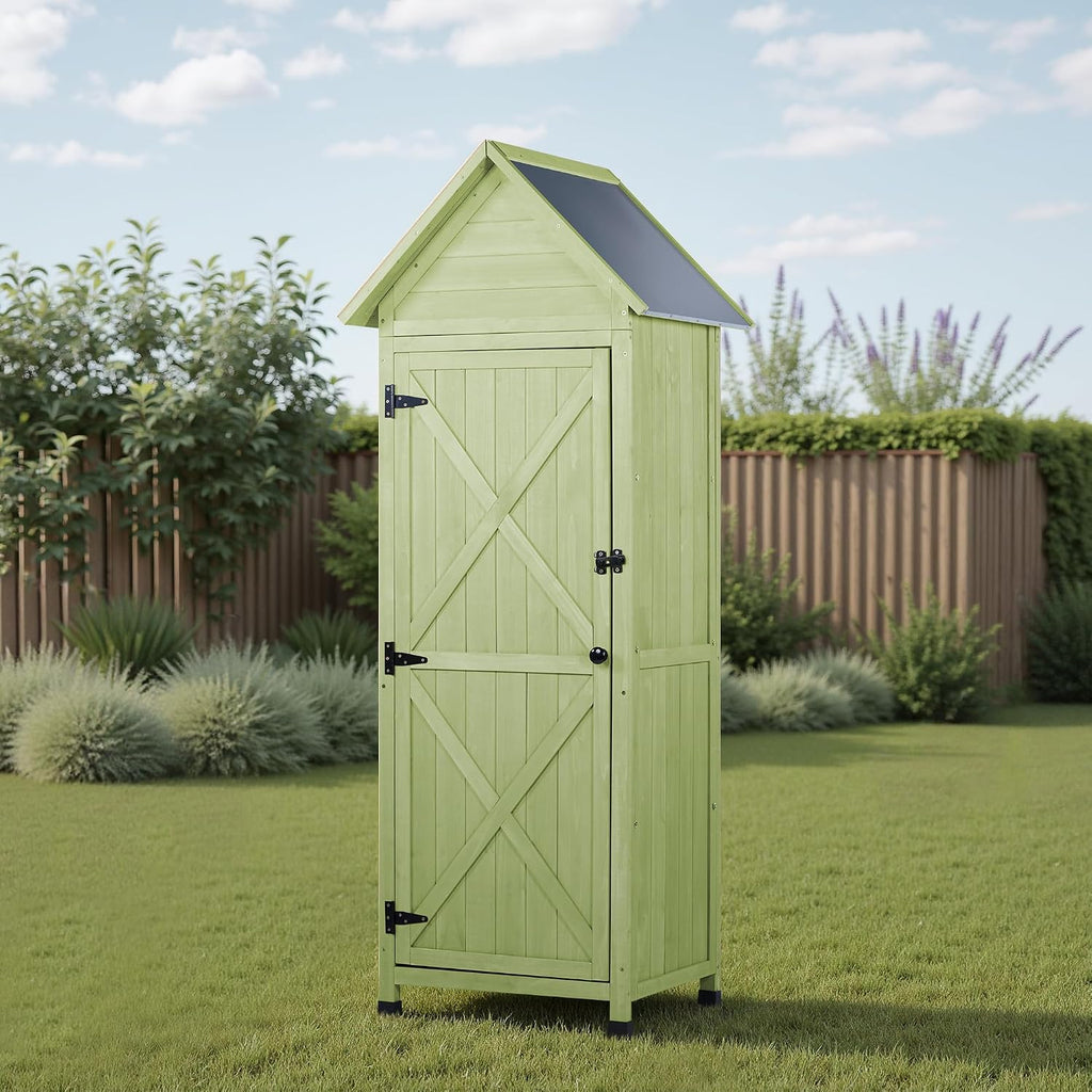 Wooden Outdoor Storage Cabinet,Tall Vertical Garden Tool Shed with Waterproof Metal Roof & Adjustable Feet – Perfect for Yard, Patio, Lawn & Deck (Green, 22' x 26' x 67')