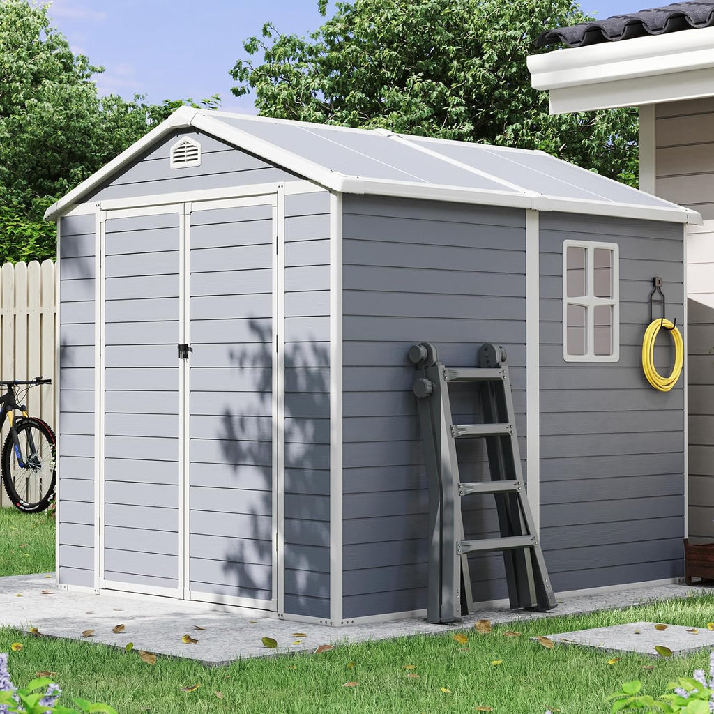 Aoxun 6×8 FT Outdoor Storage Shed, Resin Shed with Reinforced Floor, All-Weather Plastic Tool Storage with Lockable Door, Window & Vents for Garden, Patio, Bike & Garbage Can, Light Gray