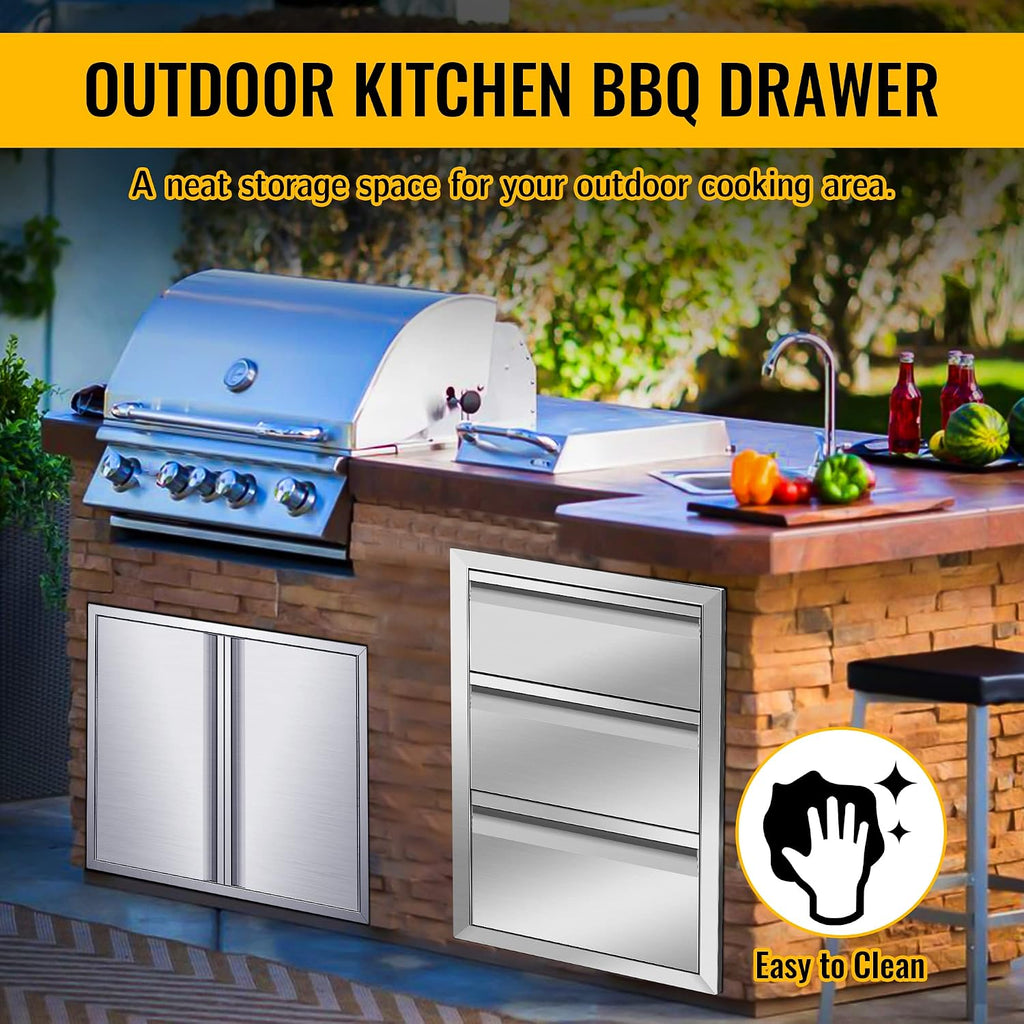 Outdoor Kitchen Drawers 16Wx23Dx21H Stainless Steel Flush Mount BBQ Triple Drawers for Outdoor Kitchen Island, or Patio Grill Station