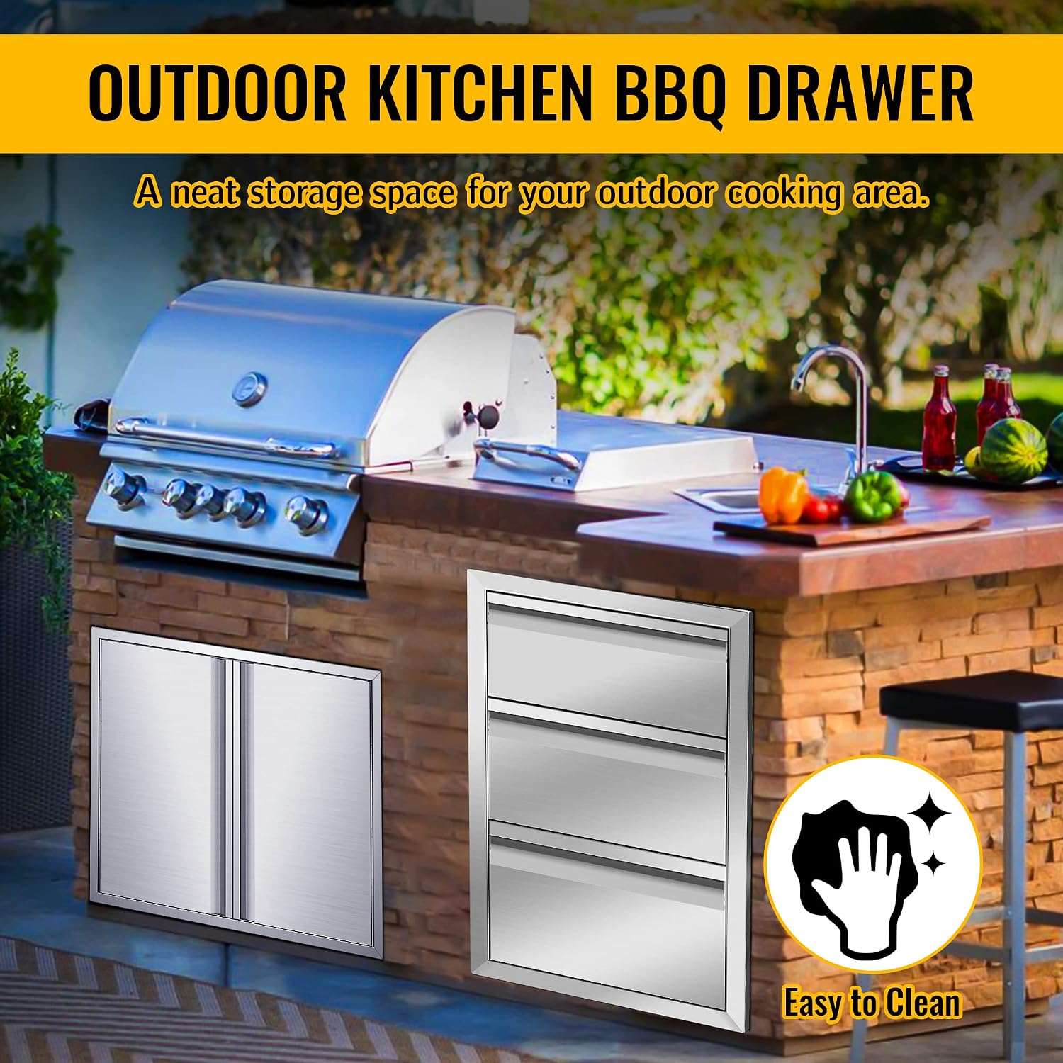Outdoor Kitchen Drawers 16Wx23Dx21H Stainless Steel Flush Mount BBQ Triple Drawers for Outdoor Kitchen Island, or Patio Grill Station
