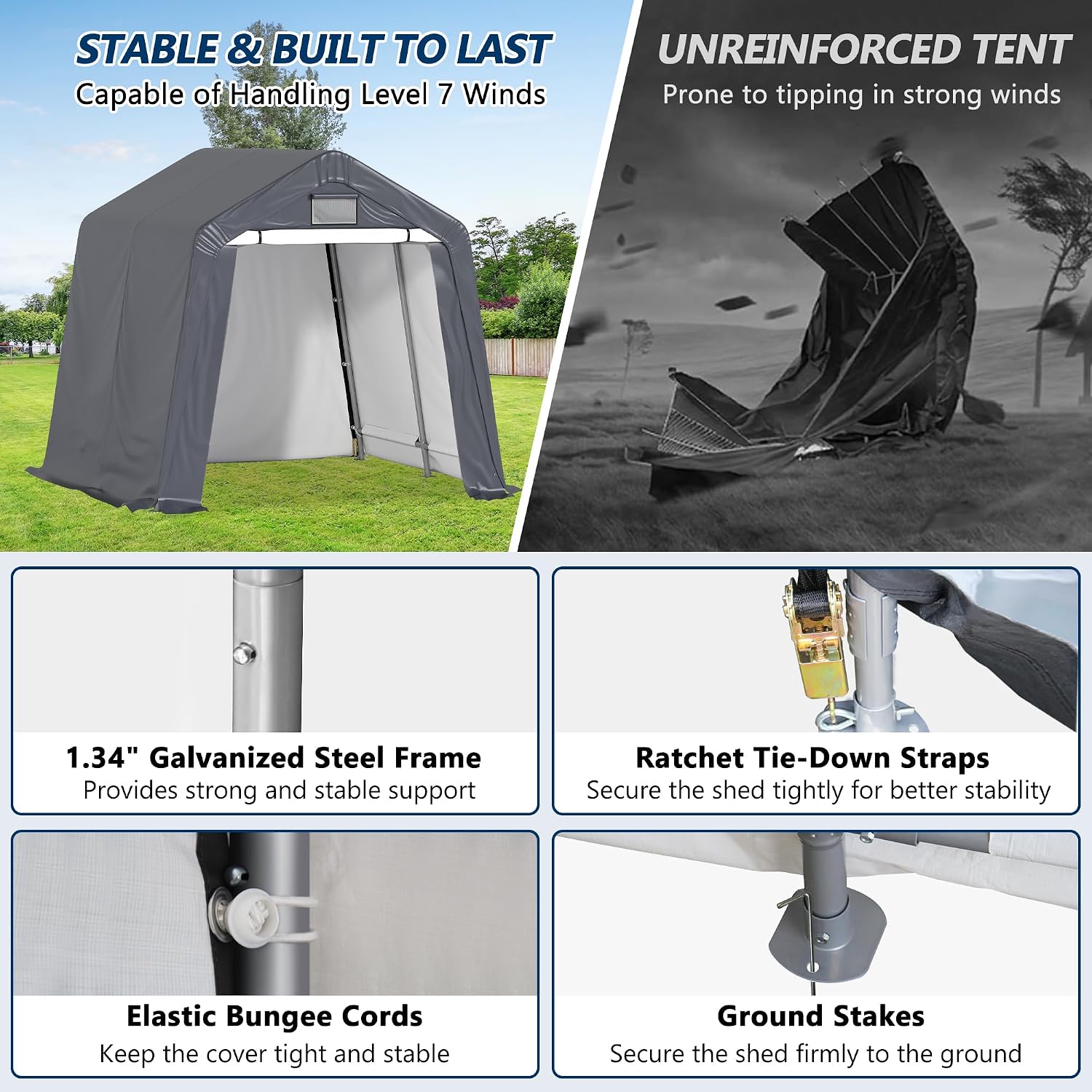 COVERONICS 8' x 8' Outdoor Storage Shed - Heavy Duty Portable Shelter Carport with Ventilation Windows and Roll-up Doors, Storage Shelter Tent for Motorcycle, Bike, Lawnmower and Garden Tools, Grey