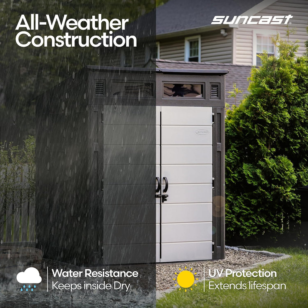 Suncast 6x5 Ft. Modernist Garden Shed, 200 Cu Ft Peppercorn Resin Shed with Floor, Lockable Doors, & Windows. Weatherproof Modern Resin Sheds & Outdoor Storage for Tools, Bikes, Lawn Mowers, & More