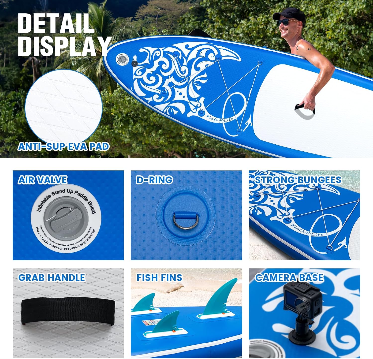 FEATH-R-LITE Inflatable Paddle Board Stand Up Paddleboards for Adults SUP with Premium Accessories Pump, Adjustable Paddle, Leash, Three Fins, Backpack