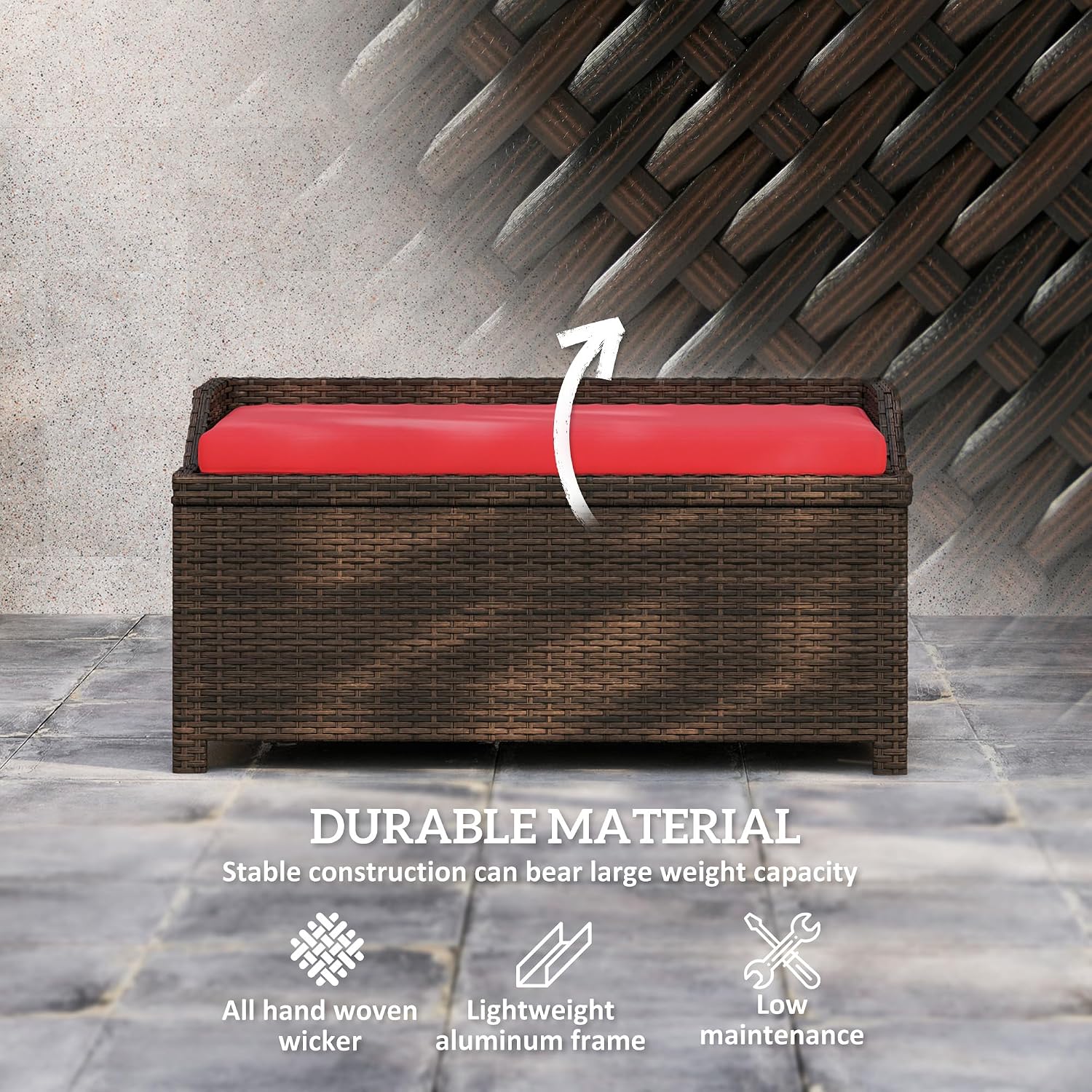 Outsunny 34 Gallon Outdoor Wicker Storage Bench Deck Box, PE Rattan Patio Furniture Pool Storage Bin Container with Interior Waterproof Cloth Bag and Comfortable Cushion, Red