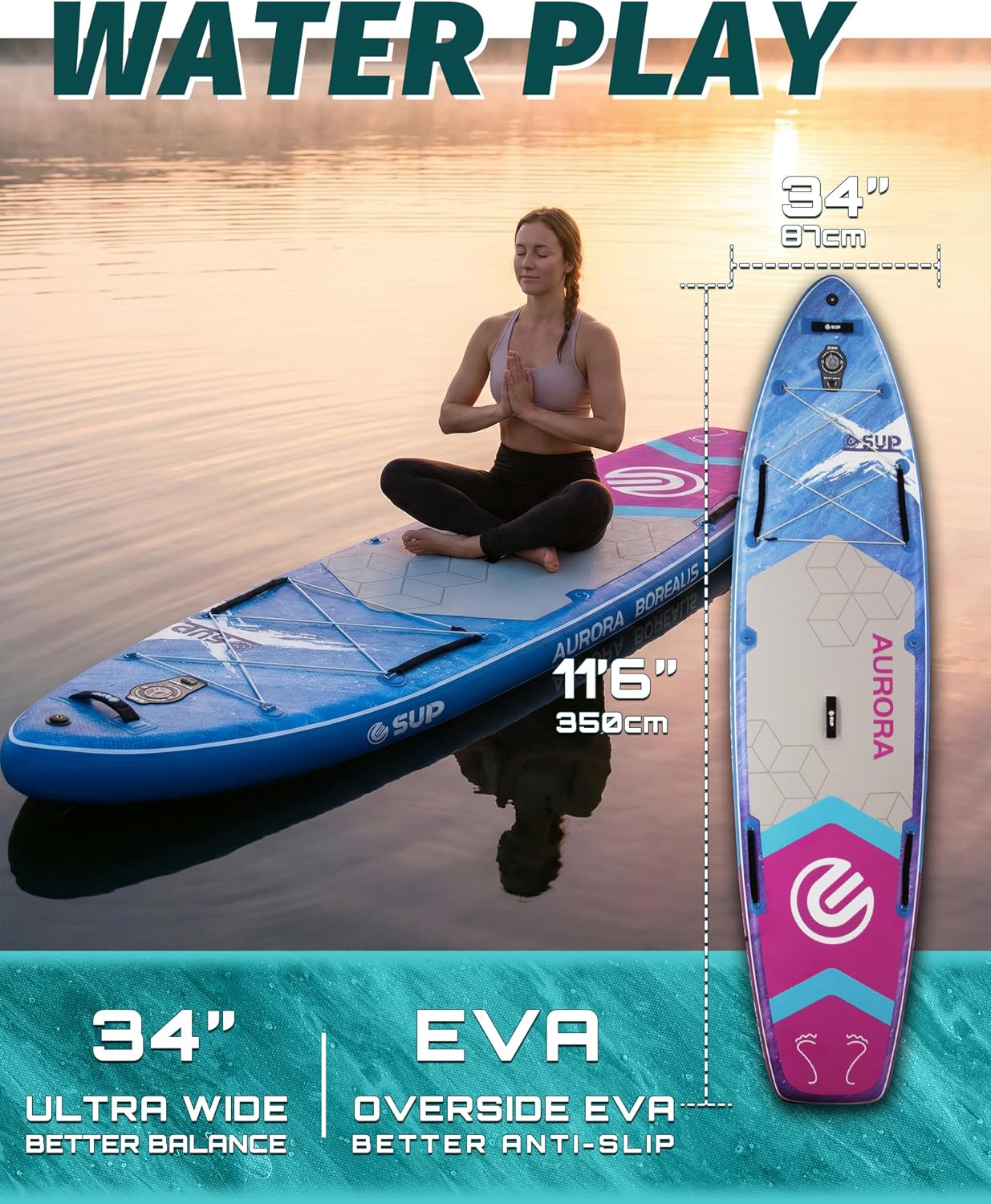 ESUP 11'6 ×34/35' Super Wide Inflatable Paddle Board with SUP Accessories, Extra Stable Stand Up Paddleboards for 2+1 Persons/Family/Beginner/Yoga, w/Shoulder Strap All-Round Sup Board