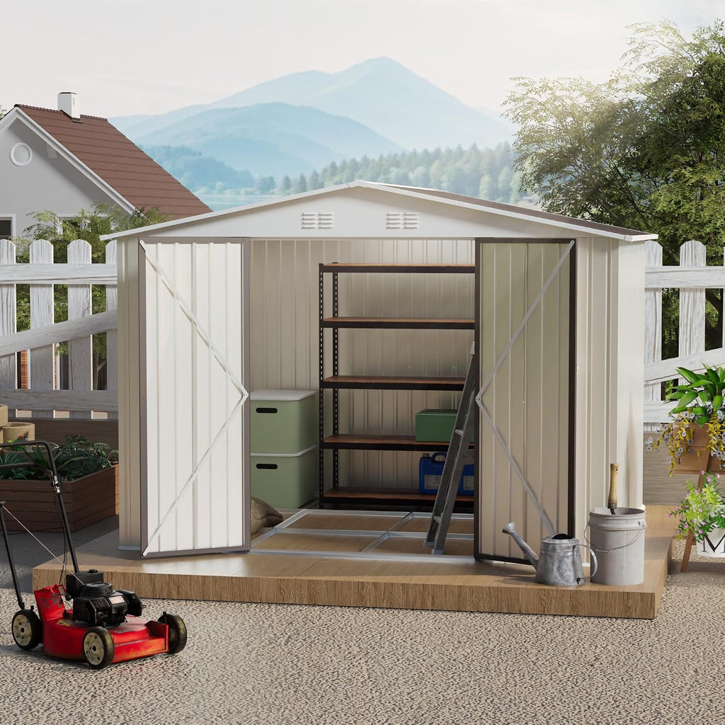 YOPTO 10x8 FT Outdoor Storage Shed with Foundation,Metal Aluminum Tool Sheds,Heavy-Duty Sheds with Sloped Roof, Air Vent and Hinge Doors,Garden Shed Bike Shed for Backyard Patio Lawn,Cream White
