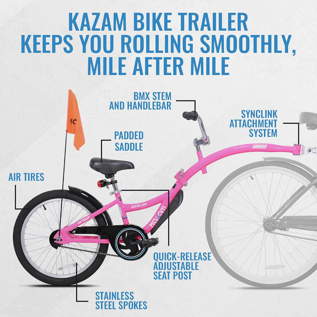 KaZAM Co-Pilot Bike Trailer - 20 Inch Bike Trailer with Adjustable BMX Stem and Handlebar - Lightweight Aluminum Frame and Padded Saddle for Cycling - Perfect for Family Rides