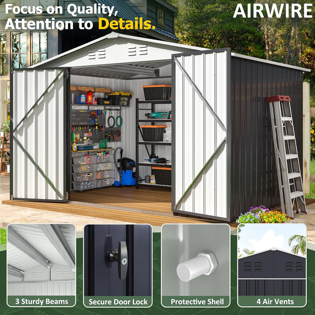 AirWire 6x8 FT Outdoor Storage Shed, Garden Shed with Updated Frame Structure and Lockable Doors, Metal Tool Sheds for Backyard Garden Patio Lawn, White