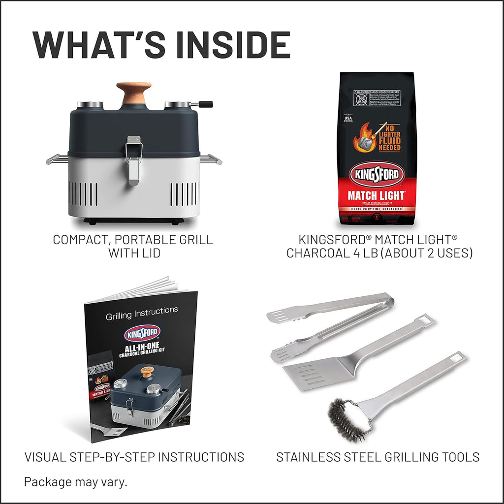 Kingsford, All-In-One Grilling Kit, Match Light, Portable Grill with Charcoal and Grilling Tools, No Lighter Fluid Needed, 1 Grill, 4 lb Charcoal Bag