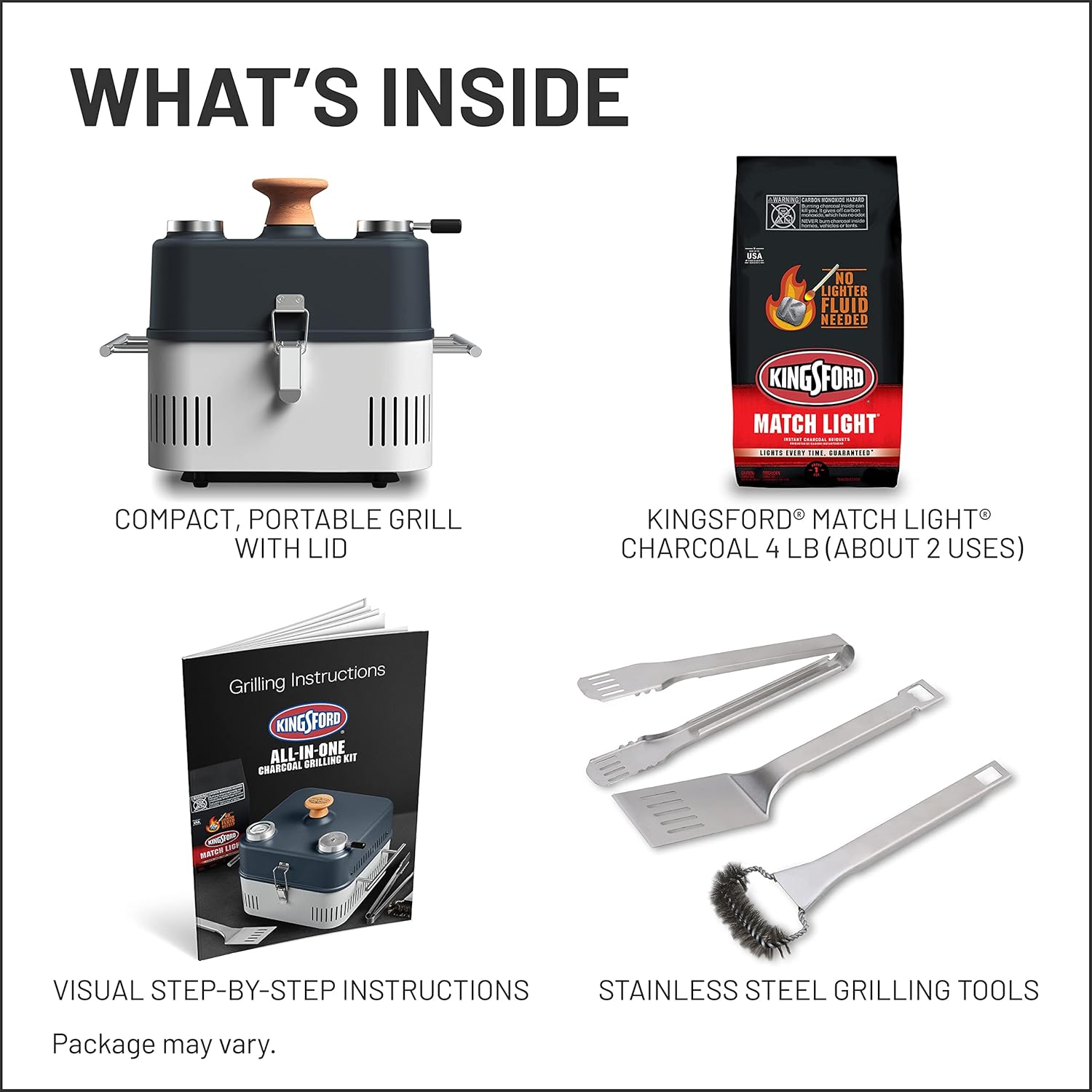 Kingsford, All-In-One Grilling Kit, Match Light, Portable Grill with Charcoal and Grilling Tools, No Lighter Fluid Needed, 1 Grill, 4 lb Charcoal Bag