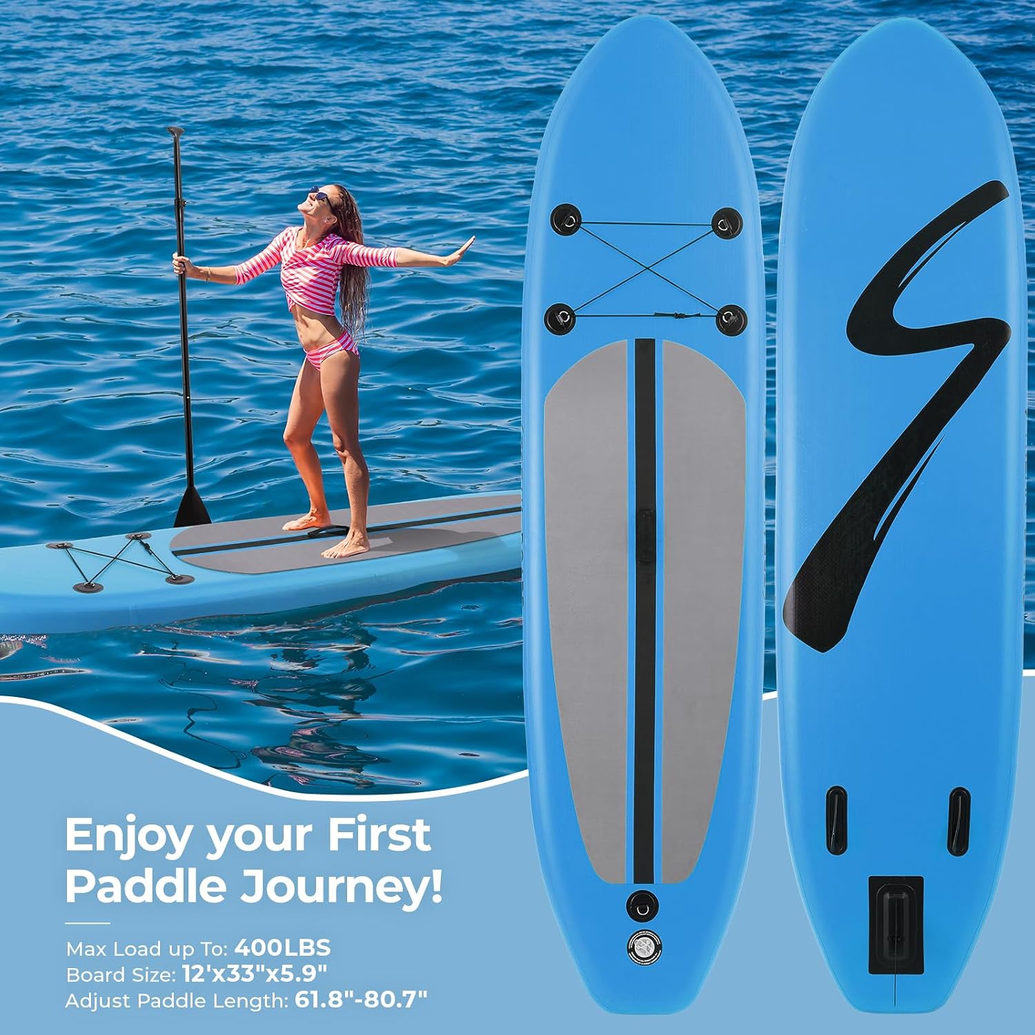 TLSUNNY 12FT Inflatable Stand Up Paddle Board, 3 Fins Paddleboard with Full SUP Accessories for All Skill Levels, Portable Two-Way Hand Pump and Carry Bag, 400LBS