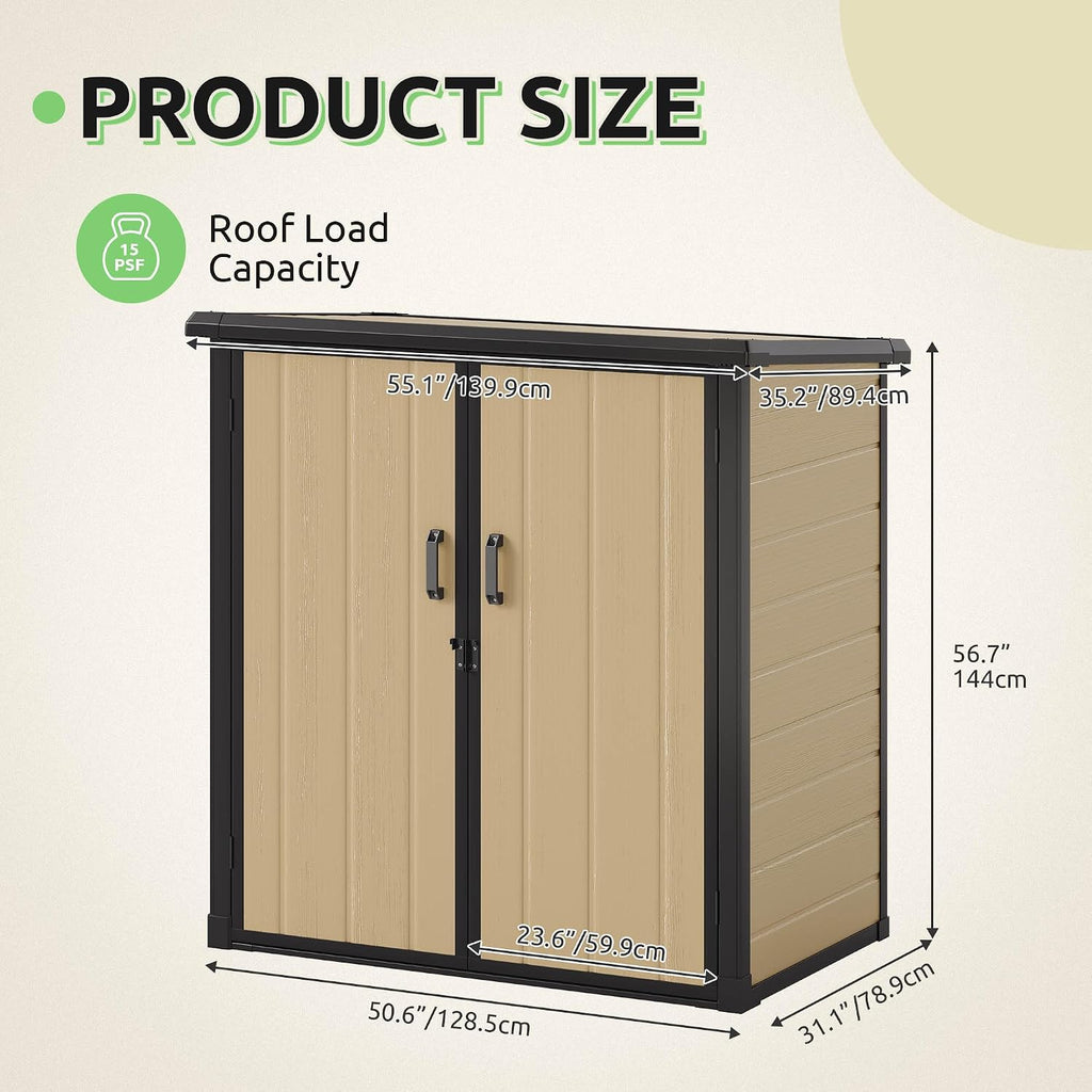 Outdoor Storage Shed with Adjustable Shelf, 54 Cu Ft Waterproof Vertical Resin Garden Tool Shed with Lockable Door & Sloping Roof, Plastic Tall Tool Cabinet for Backyard Garden Patio Lawn, Brown