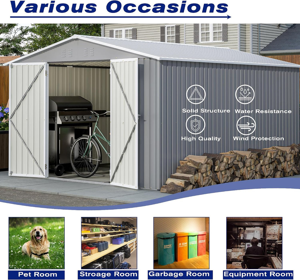 YOPTO 8x12 FT Outdoor Storage Shed W/Floor Frame,Metal Shed W/Double Lockable Doors,Garden Tool House W/ 2 Vents & Sloped Roof,for Backyard Patio Lawn,Gray