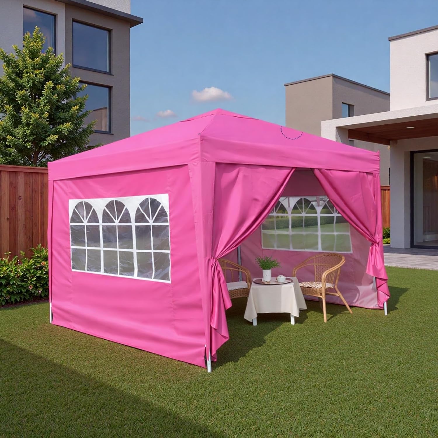 10x10FT Canopy Tent, Outdoor Gazebo Pop up Canopy with 4 Removable Sidewalls & 2 Windows, Patio Camping Shade Canopy with 4 PCS Weight Sand Bag & Carry Bag, Ideal for Parties Events, Magenta