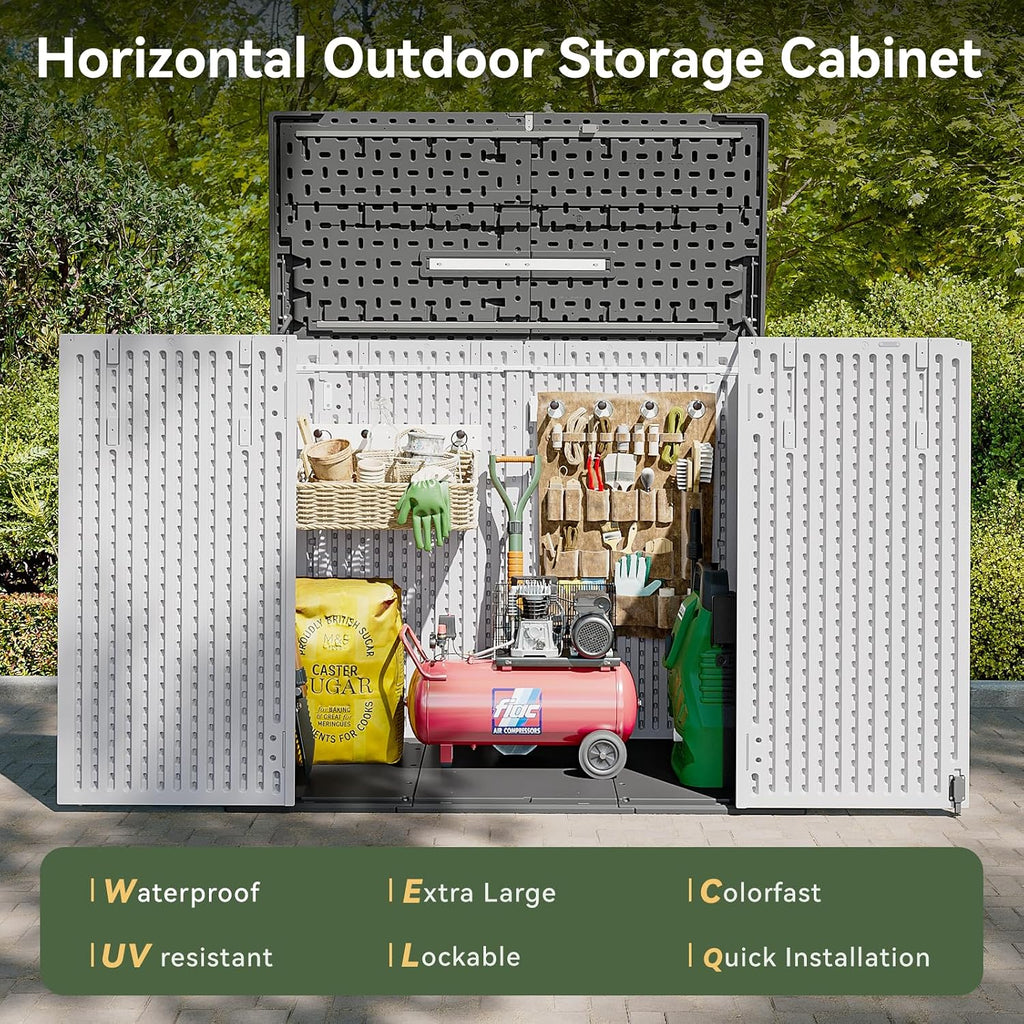 AOXUN Horizontal Storage Sheds 41 Cu.ft, HDPE Outdoor Storage Box 160 Gallon, Waterproof Lockable Resin Deck Box with Spring-Assisted Lid, Patio Storage for Garden, Pool, Cushions, Tools, White