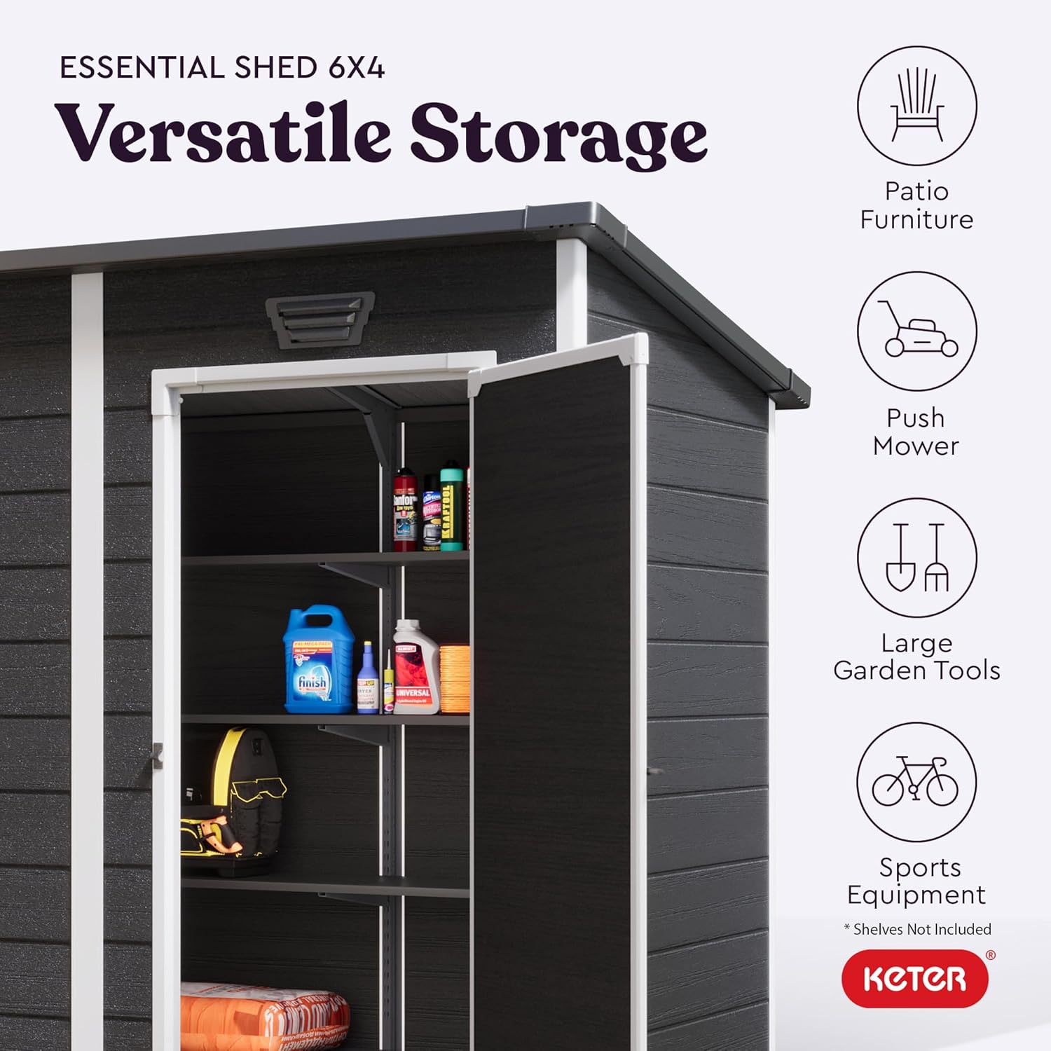 Keter Essential Shed 4x6 Resin Outdoor Storage Shed Ideal Storage for Patio Furniture, Garden Tools Bike Accessories, Beach Chairs and Lawn Mower, Black and White