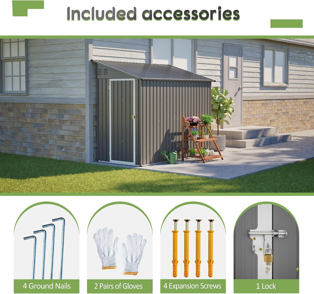 Outdoor Metal Storage Shed 4 x 8 ft, Garden Shed Lean to shed for Bike, Tool Outside Shed with Floor Base, Lock, Door for Backyard, Patio, Lawn, Grey