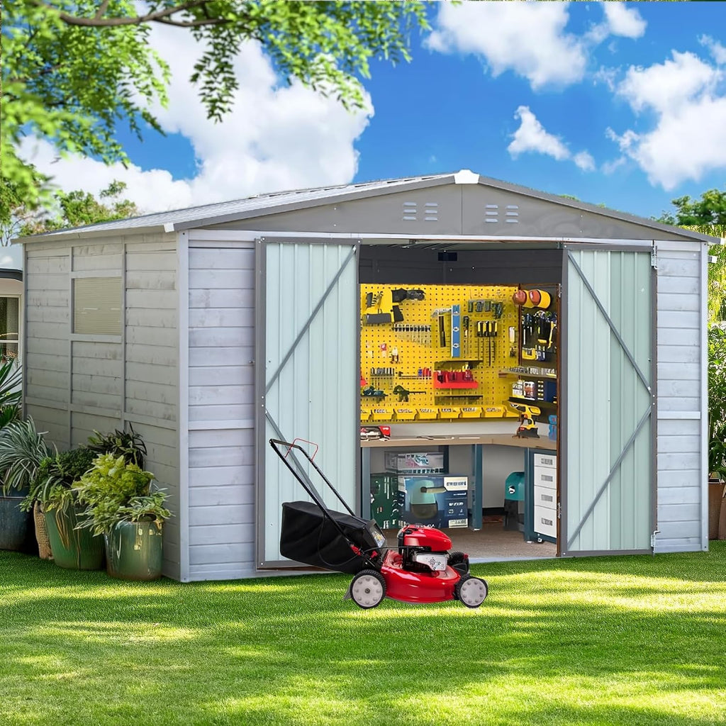 10x8 FT Wood Storage Shed, Outdoor Storage Shed with Lockable Door, Window and Vents, Waterproof Wooden Metal Tool Storage for Garden, Patio, Lawn, Backyard (Gray)