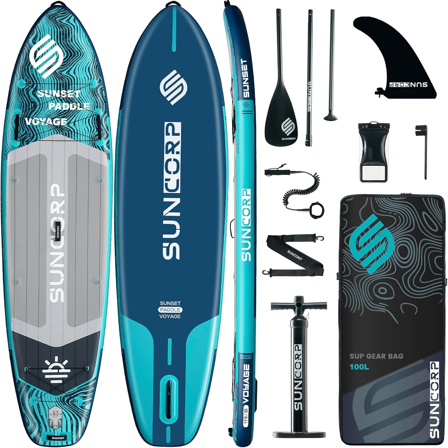 Suncorp 11.6'x35'' Inflatable Paddle Board, Extra Wide Stand-up Paddleboards, 450lbs Capacity, Inflatable SUP, Dual-Action Pump, 100L Backpack, 9 Plus Kits for Family, Fishing, Yoga&All Skill Levels