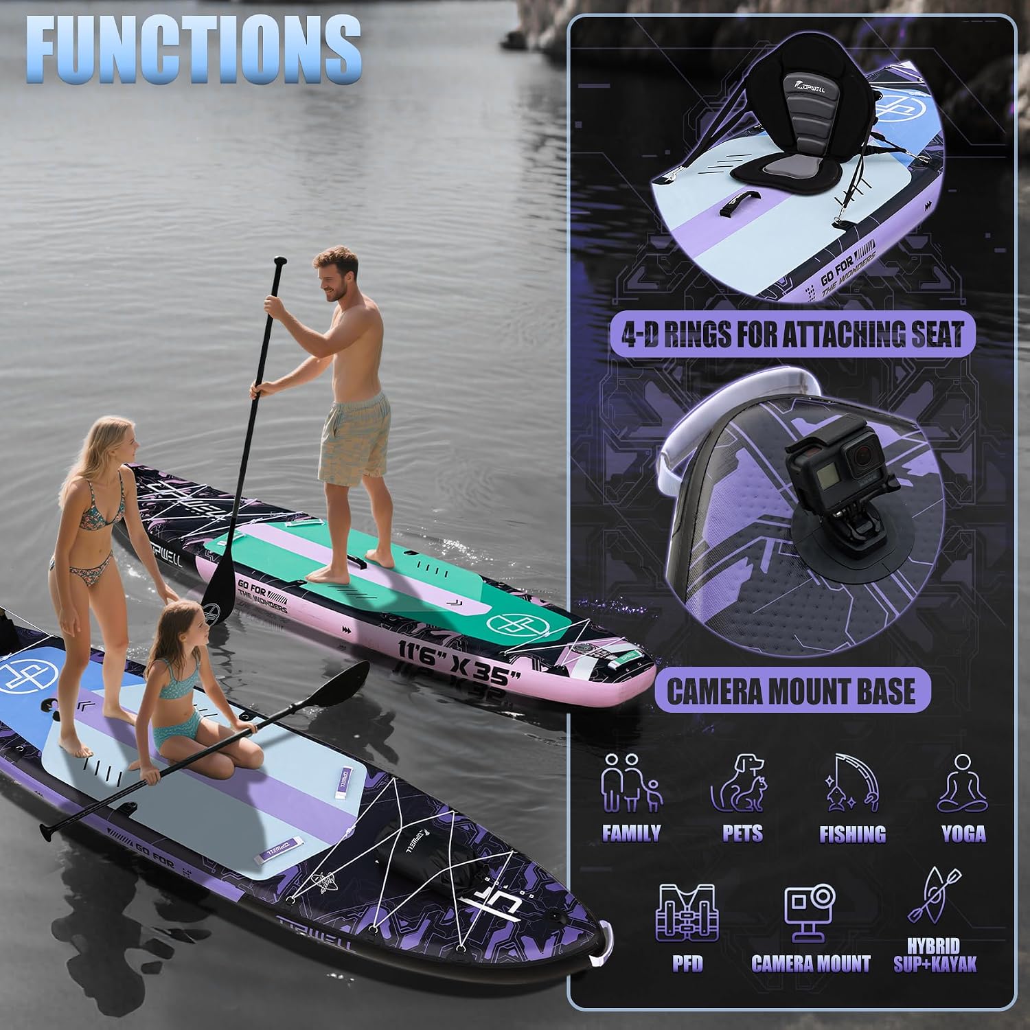 UPWELL 11'6'×35' Extra Wide Inflatable Paddle Board, Stand Up Paddle Board for Youth & Adults, Stable Design, Premium SUP Accessories, 120L Backpack, 10L Dry Bag, Paddle, Leash, Hand Pump, US Fins