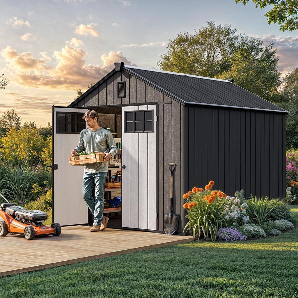 YITAHOME Large Outdoor Storage Shed 8x10 Ft, Extra Thick Plastic Storage Sheds with Floor, Lockable Doors, Vision Grid Windows, Vents, 16mm Heavy Duty Garden Storage for Bikes Mowers and Tools, Black