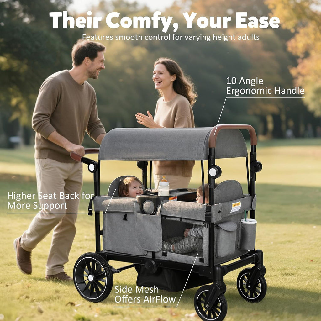 TODEFULL Wagon Stroller for 2 Kids, Foldable Kids Wagon Cart Featuring with Harnesses, Adjustable Double Push Handle, Removable Canopy, Snack Tray, Large Storage Bag, Gray
