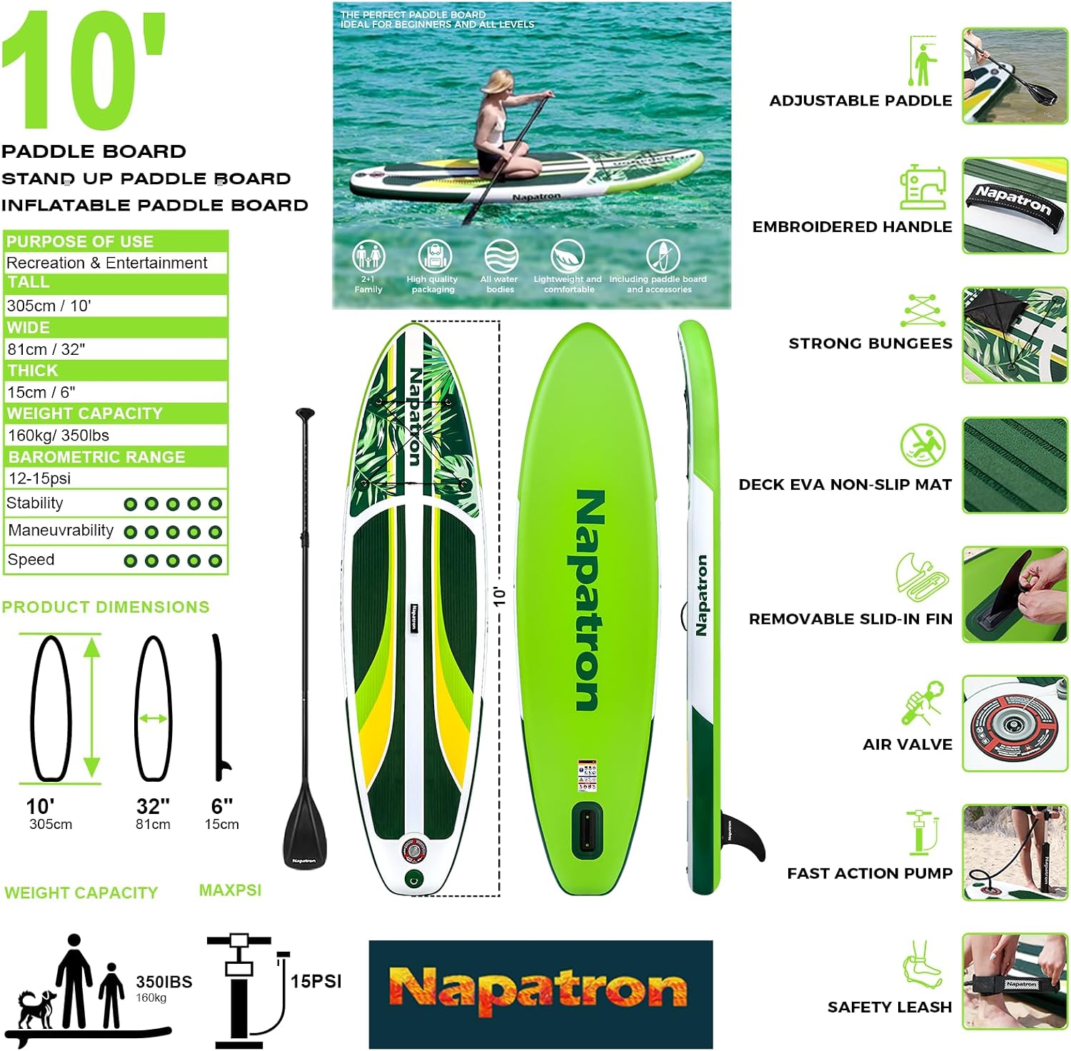 Napatron Family Inflatable Stand Up Paddle Board, Sup,Stable Wide Design,350LBS Capacity,Complete Paddle Board Package with Fast Action Pump,Leash,Ideal for Beginners/Youth & AllSkill Levels