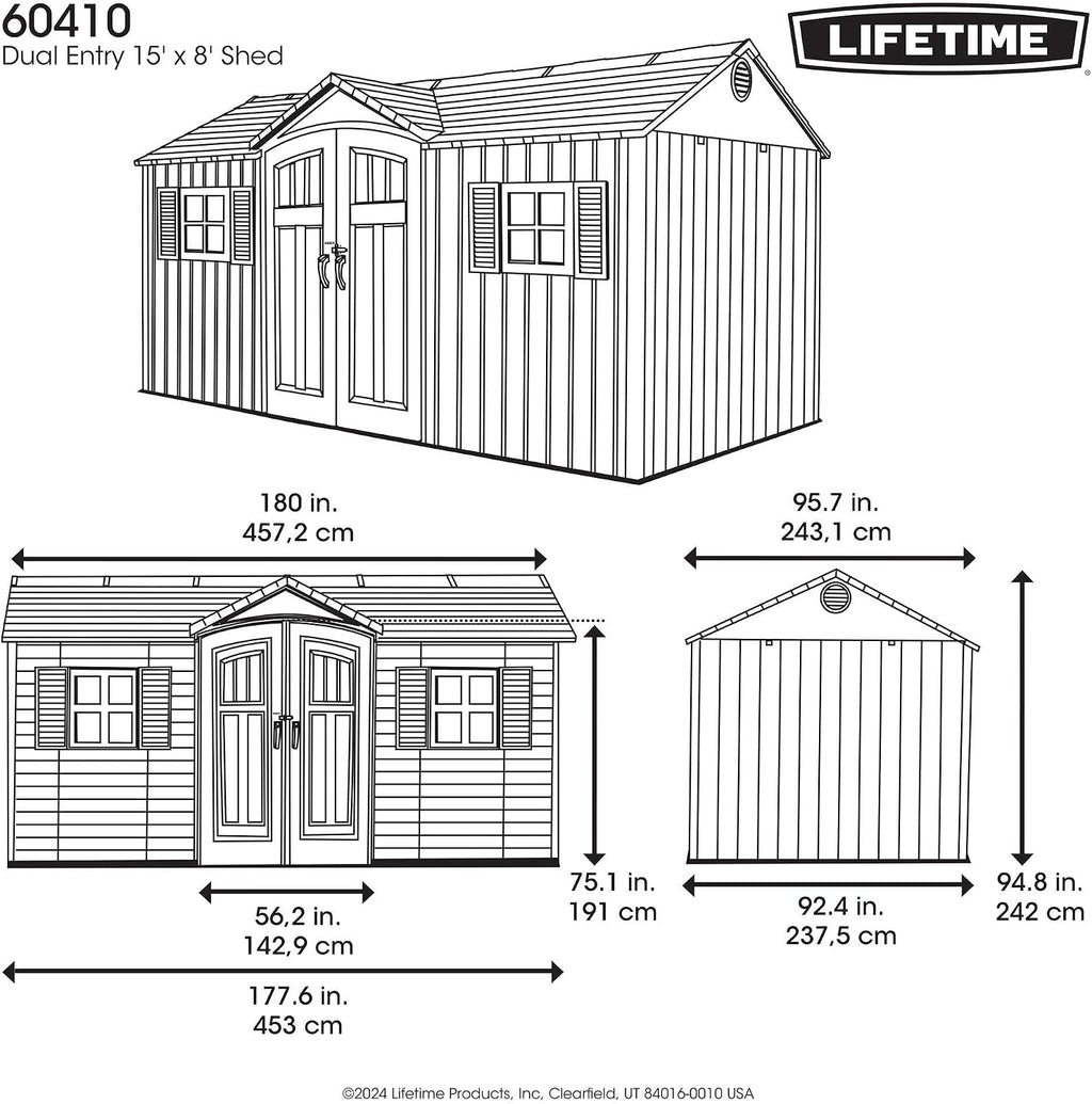 Lifetime Dual Entry Outdoor Storage Shed, 15 x 8 Foot