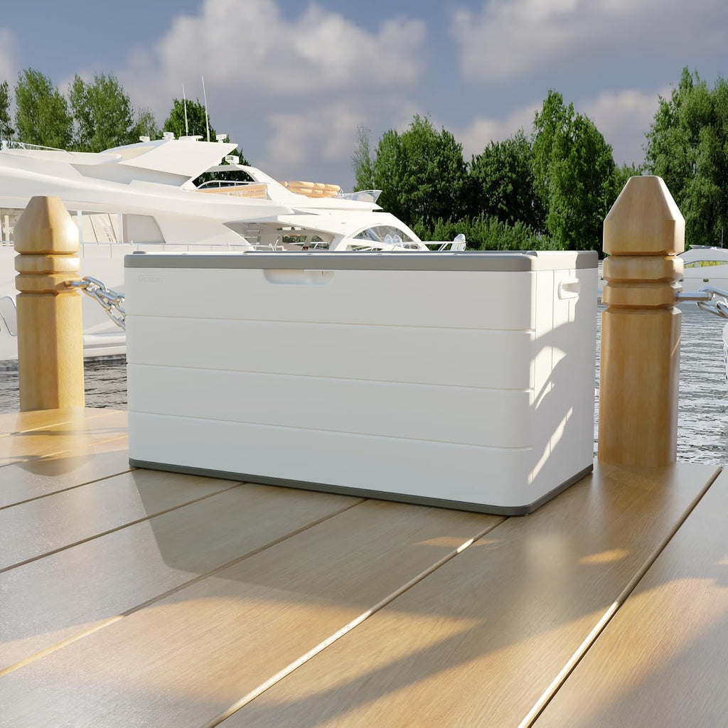 Mrosaa 110 Gallon Outdoor Deck Box, Outside Storage Box Waterproof for Cushion Storage, Garden Tools, Lockable Outdoor Storage Bin, Light Beige