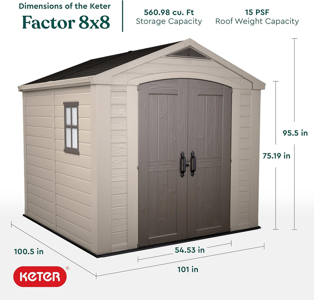 Keter Factor 8x8 Ft All-Weather Storage Shed with Skylight, Window, Built-in Ventilation, Customizable Walls, & Lockable Double Doors, Brown