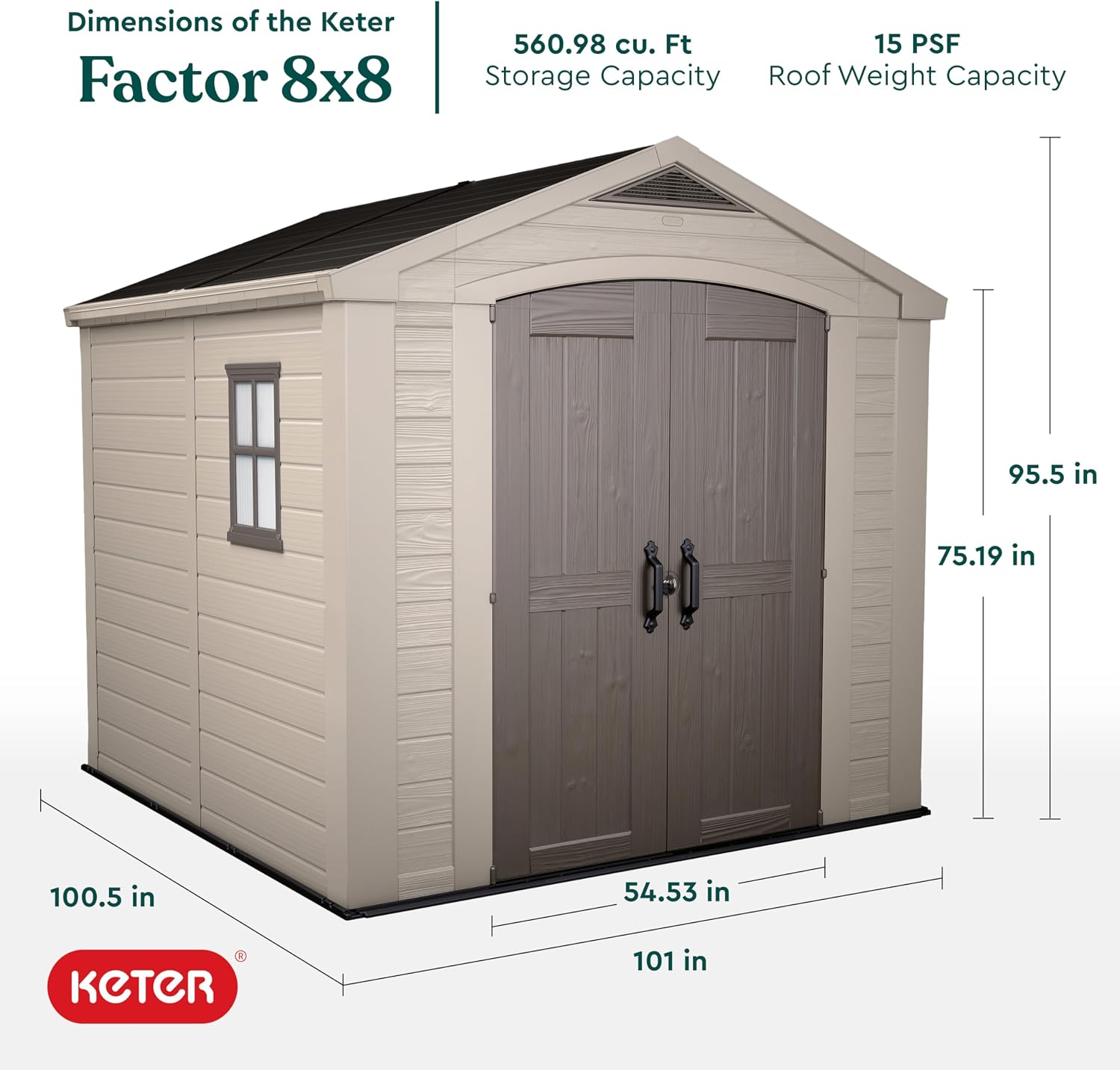 Keter Factor 8x8 Ft All-Weather Storage Shed with Skylight, Window, Built-in Ventilation, Customizable Walls, & Lockable Double Doors, Brown