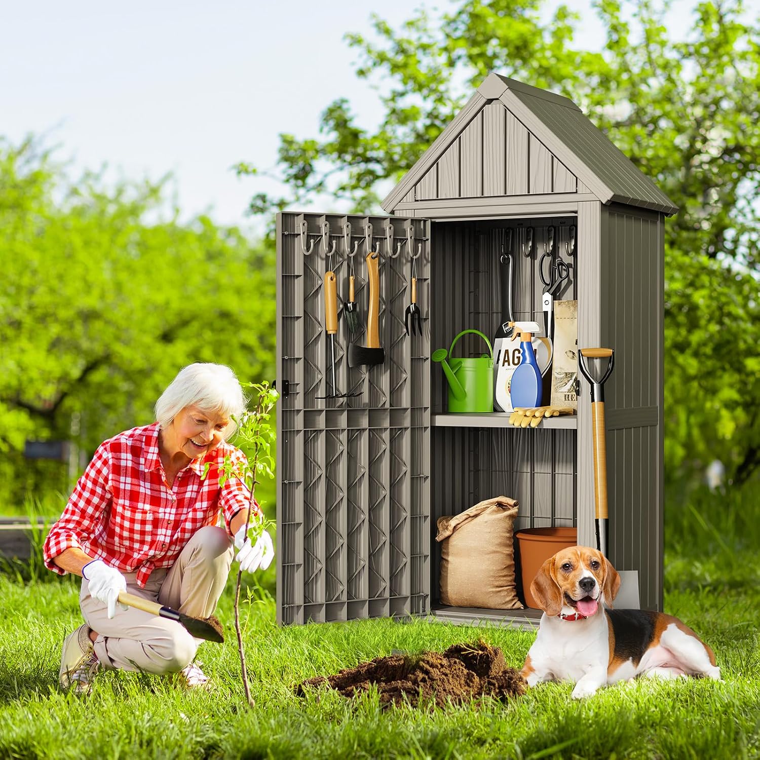 ONBRILL Multifunctional Storage Shed, Outdoor Storage Cabinet with Hooks and Lock Ring, Waterproof Outdoor Storage Shed for All Weather, Tool Outdoor Shed for Patio Lawn and Garden