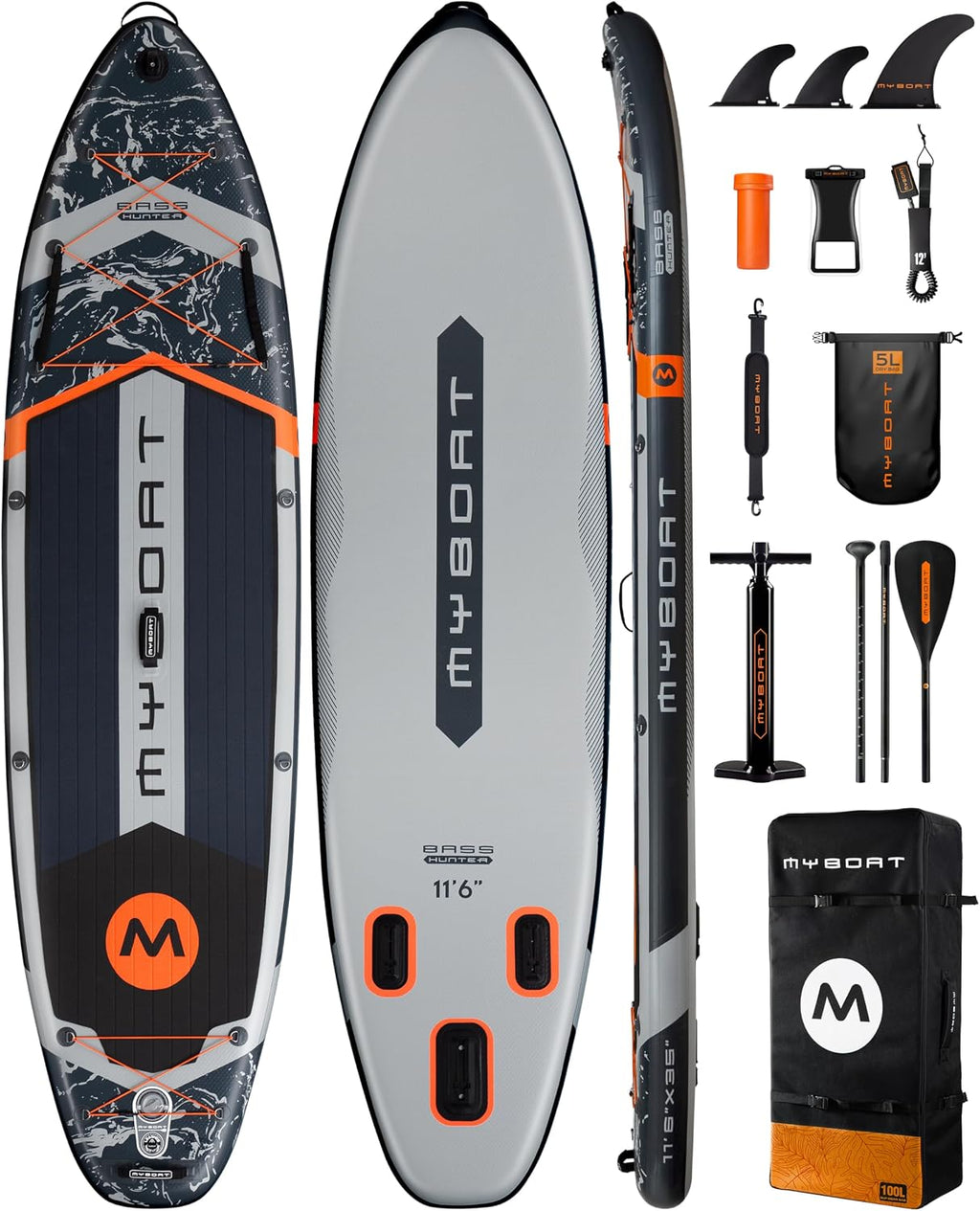 MYBOAT 11'6'×34'×6' Extra Wide Inflatable Paddle Board, Stand Up Paddle Board for Fishing, Sup Board with 3 Removable Fins, Dual Bungees, Camera Mount, Hand Pump, Strong Paddle,Leash