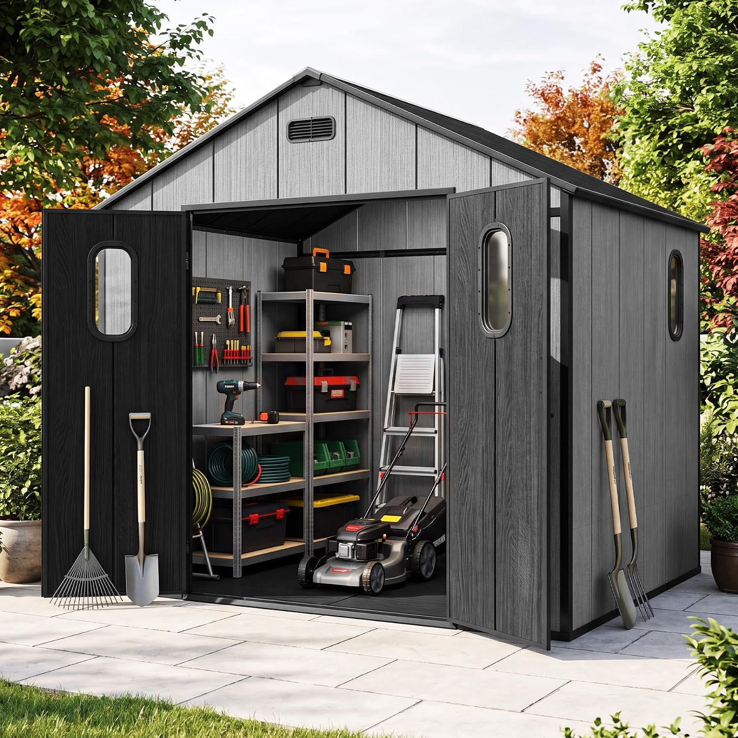 Domi 8x6Ft Resin Outdoor Storage Shed with Floor, Plastic Garden Storage Shed, Outside Weatherproof Storage Building for Tools, Bike, Lawn Mower, Patio, Backyard