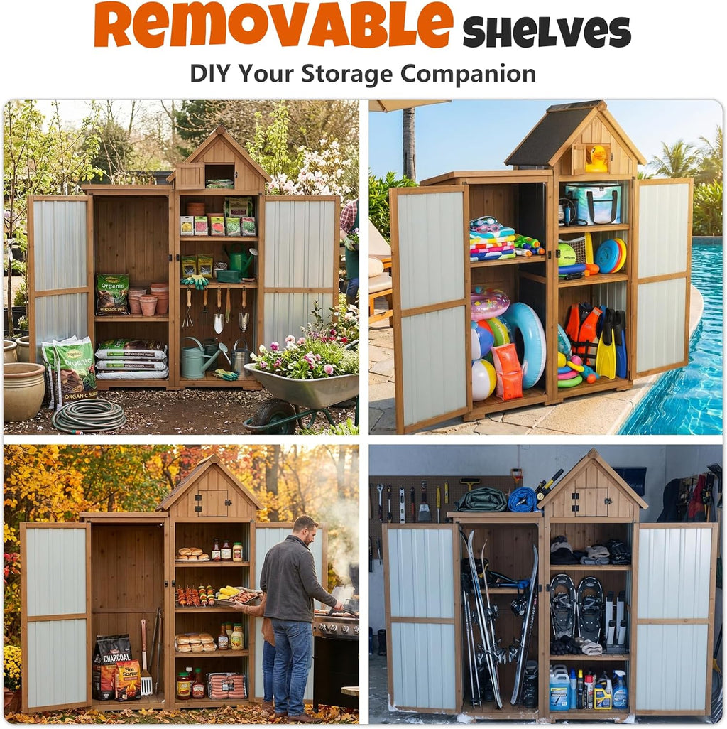 All-in-One Metal & Wood Outdoor Storage Cabinet with Top Compartment, Waterproof Asphalt Roof, Removable Shelves, Heavy-Duty Patio Garage Organizer