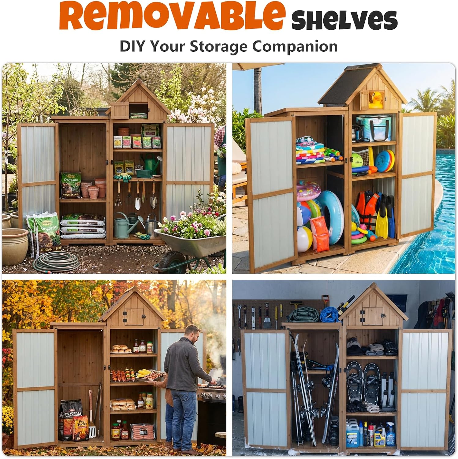 All-in-One Metal & Wood Outdoor Storage Cabinet with Top Compartment, Waterproof Asphalt Roof, Removable Shelves, Heavy-Duty Patio Garage Organizer