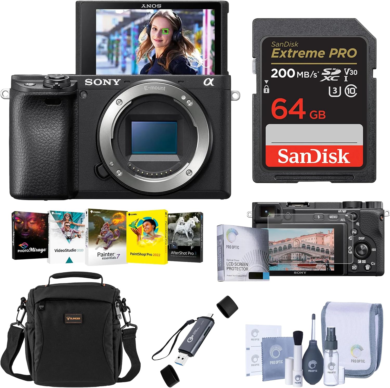 Sony Alpha a6400 Mirrorless Digital Camera (Body Only) - Bundle with Shoulder Bag, 64 GB SD Card, Cleaning Kit, Card Reader, SD Card Case, Corel PC Software Kit, Warranty